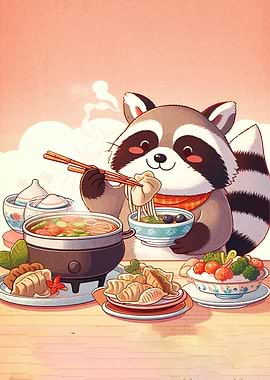 Cartoon Raccoon Enjoying Asian Cuisine