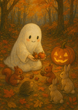 Cute Ghost in Autumn Forest