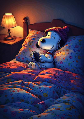 Snoopy in Bed with Phone