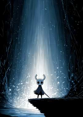 Hollow Knight standing in a cavern