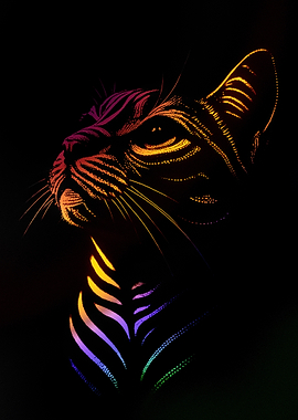 Neon Cat Portrait on Black Background