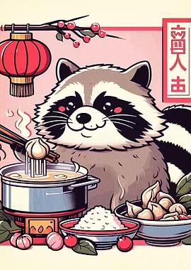 Cute Raccoon Enjoying Hot Pot