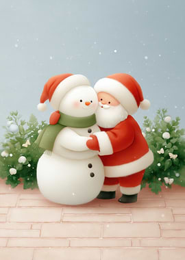 Santa Claus Hugging a Snowman