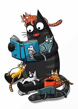 Cartoon Cat Reading with Other Cats