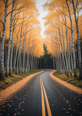 Autumn Road Through Birch Tree Forest Nature