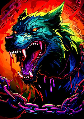 Colorful chained wolf illustration