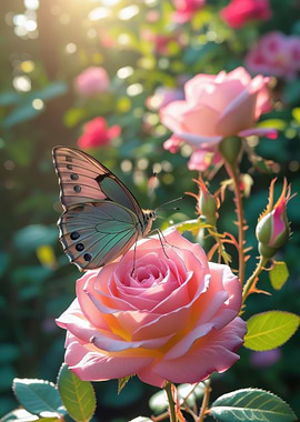 Butterfly on Pink Rose in Garden