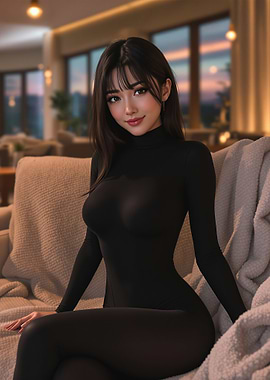 Woman in Black Bodysuit on Couch