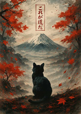 Black Cat and Mount Fuji Painting
