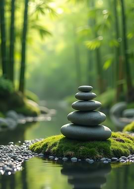 Zen Stone Stack in Bamboo Forest