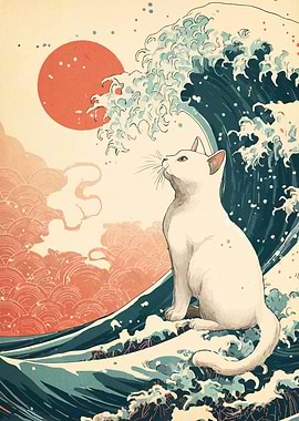 Cat on Wave Japanese Art Style