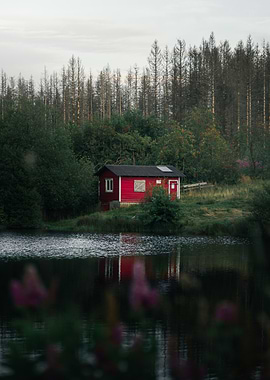 Red Cabin by the Lake in Norway