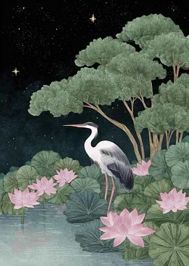 Heron Bird in Lotus Pond at Night