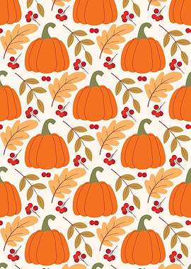 Autumn Pattern with Pumpkins and Leaves