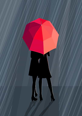 Silhouette of women under red umbrella