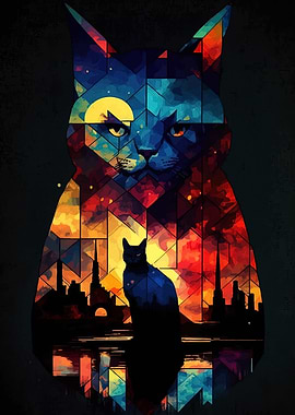 Abstract Cat Silhouette with Cityscape