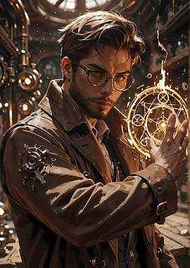 Steampunk Mage with Glowing Circle