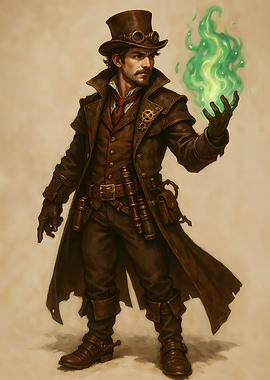 Steampunk Mage with Green Fire