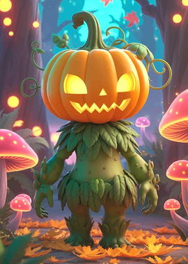 Pumpkin-headed creature in a magical forest