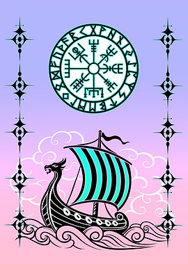Viking Ship with Vegvisir Compass