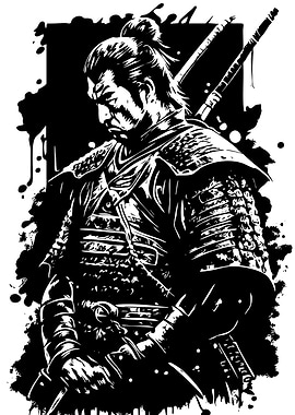 Black and White Samurai Warrior Illustration