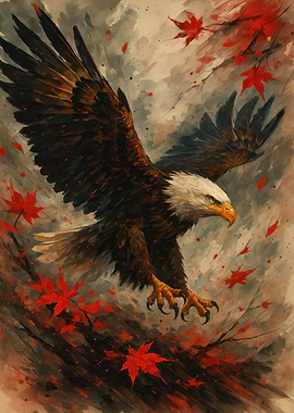Eagle in Flight with Autumn Leaves