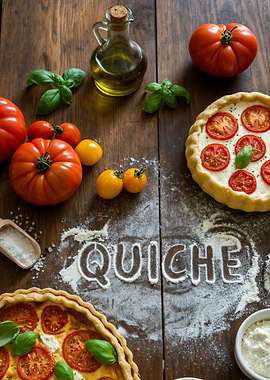 Tomato Quiche Preparation on Wooden Table