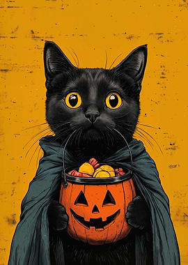 Retro Halloween Black Cat with Pumpkin Bucket