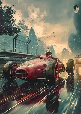 Vintage Red Race Car in the Rain