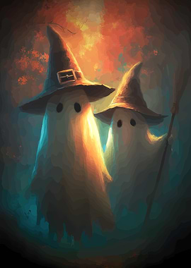 Whimsical Halloween Ghosts with Witch Hats