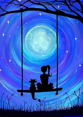 Girl and Cat on Swing at Night