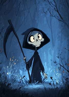 Cartoon Grim Reaper in Blue Forest