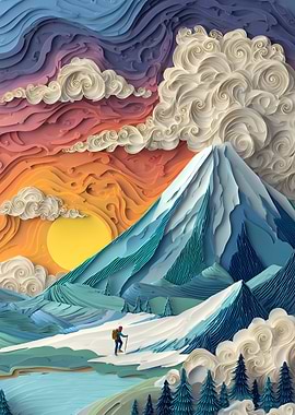 Mountain Snow Winter Hiker Papercut Art Landscape