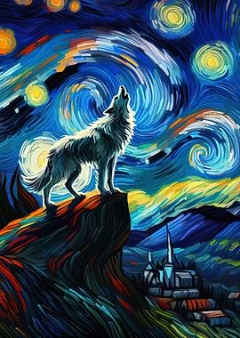 Wolf Howling Under Starry Night Sky