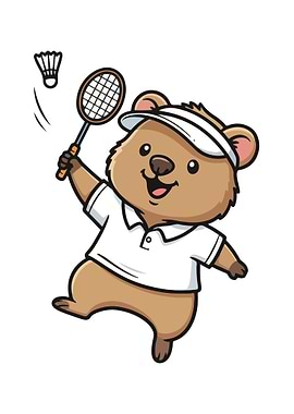 Cartoon Bear Playing Badminton