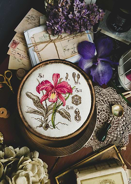 Vintage Orchid Embroidery Still Life