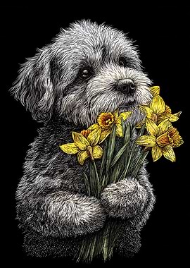 Dog with Daffodils on Black Background