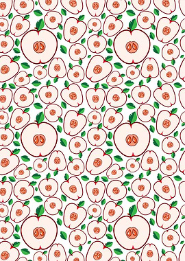 Apple halves pattern with green leaves