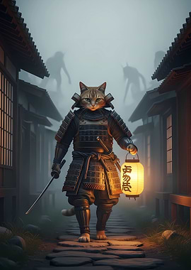 Samurai Cat with Lantern in Fog
