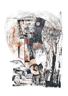 Abstract Woman with Car and Cityscape