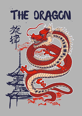 Red Dragon with Pagoda Illustration