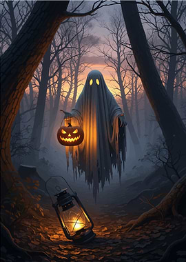 Halloween Ghost in Forest with Lantern