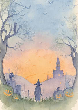 Watercolor Halloween Night Scene