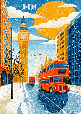 London Winter Scene with Red Buses