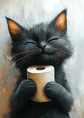 Smiling Cat with Toilet Paper Roll