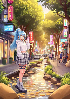 Anime Girl in Urban Japanese Setting
