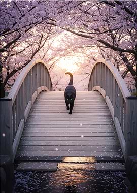 Black Cat on Bridge with Cherry Blossoms