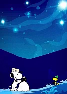 Snoopy and Woodstock under starry night