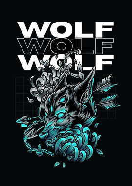 Wolf Illustration with Flowers and Arrows