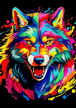 Colorful Wolf Portrait on Black Background